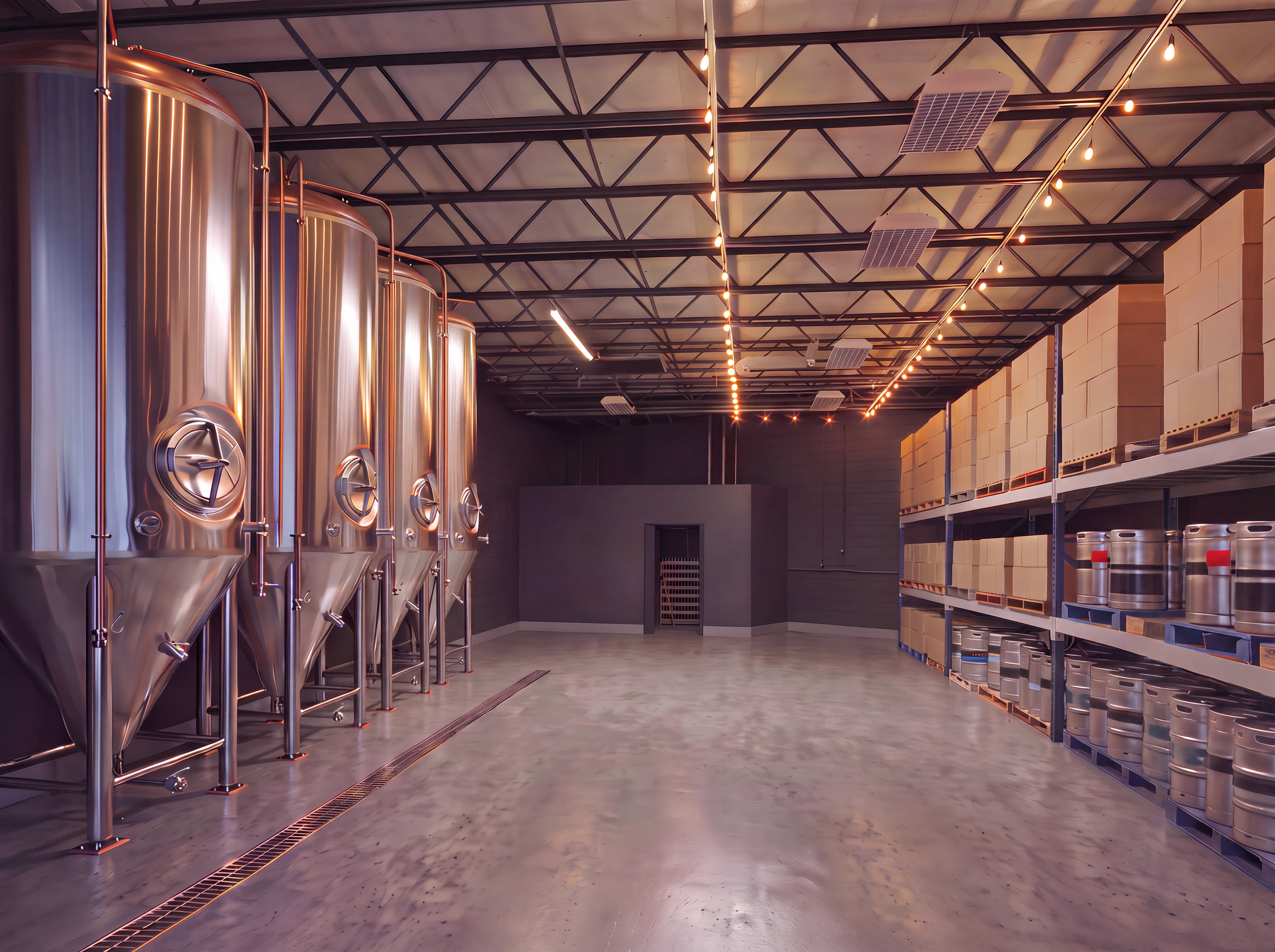 Interior of a clean modern beverage manufacturing facility with stainless steel tanks and pallet racking