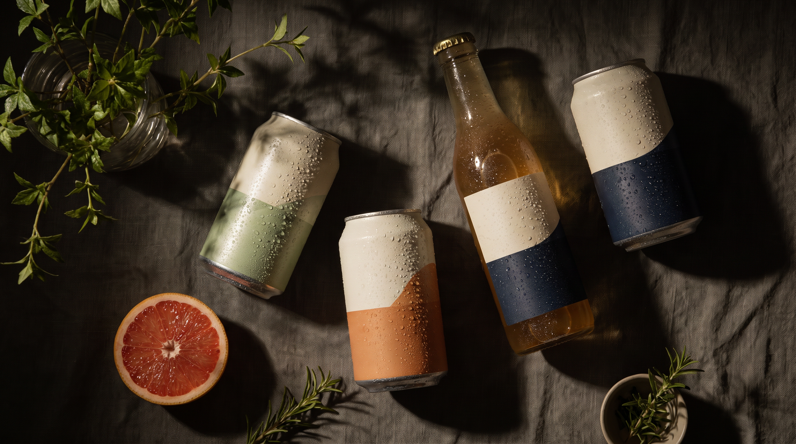 Moody flat-lay of non-alcoholic beverage cans and a bottle with condensation, styled in warm natural light