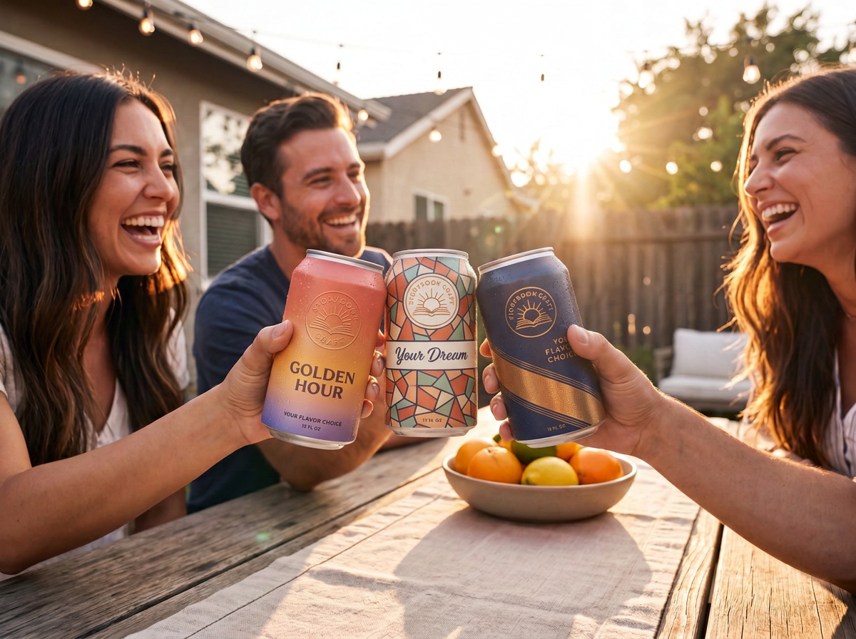 Three friends toasting Storybook Craft cans, including Golden Hour and Your Dream flavors, at a backyard table at golden hour.