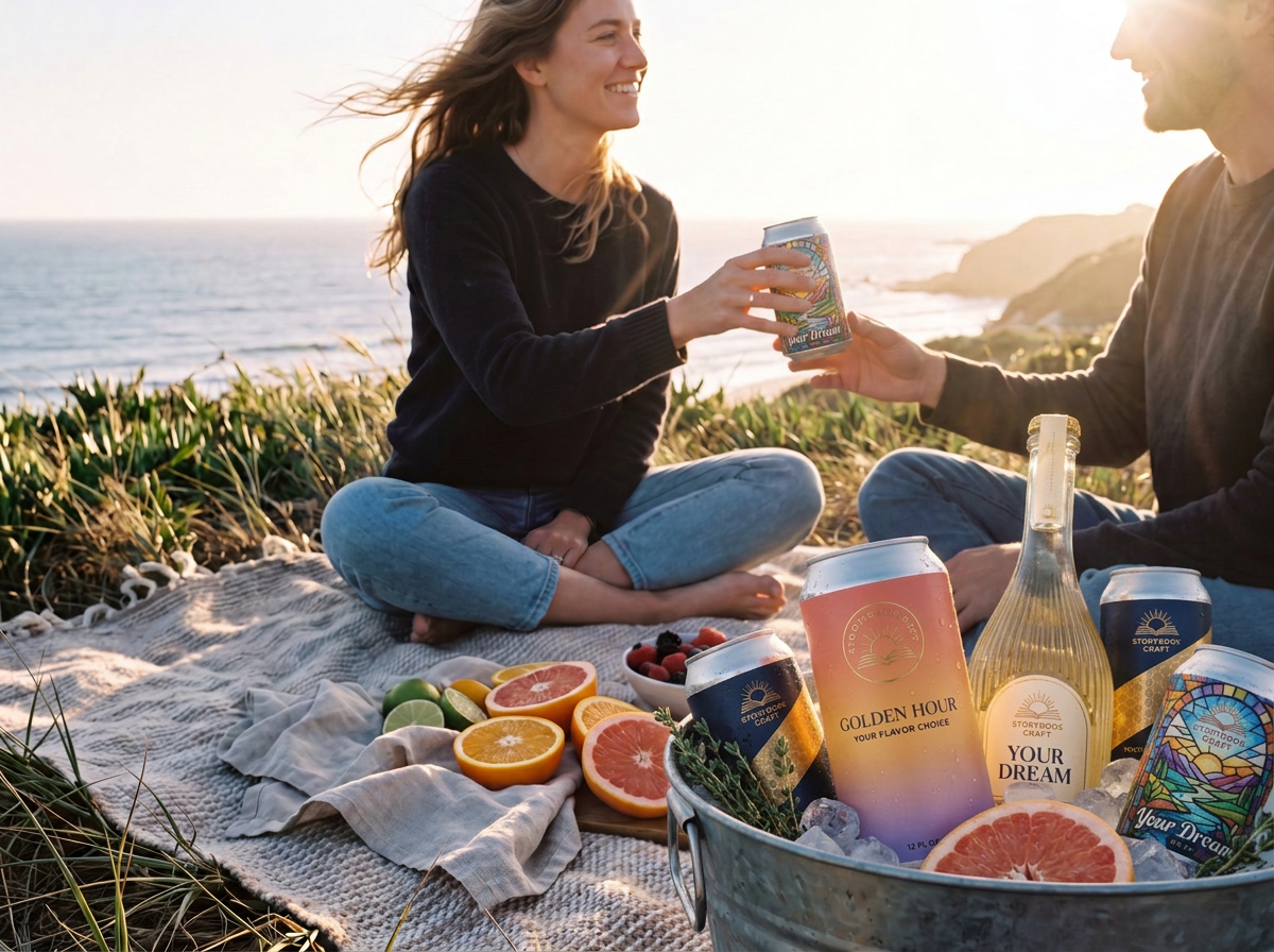 A couple sharing Storybook Craft cans at a coastal bluff picnic near San Luis Obispo, with a tub of iced cans and fresh citrus.