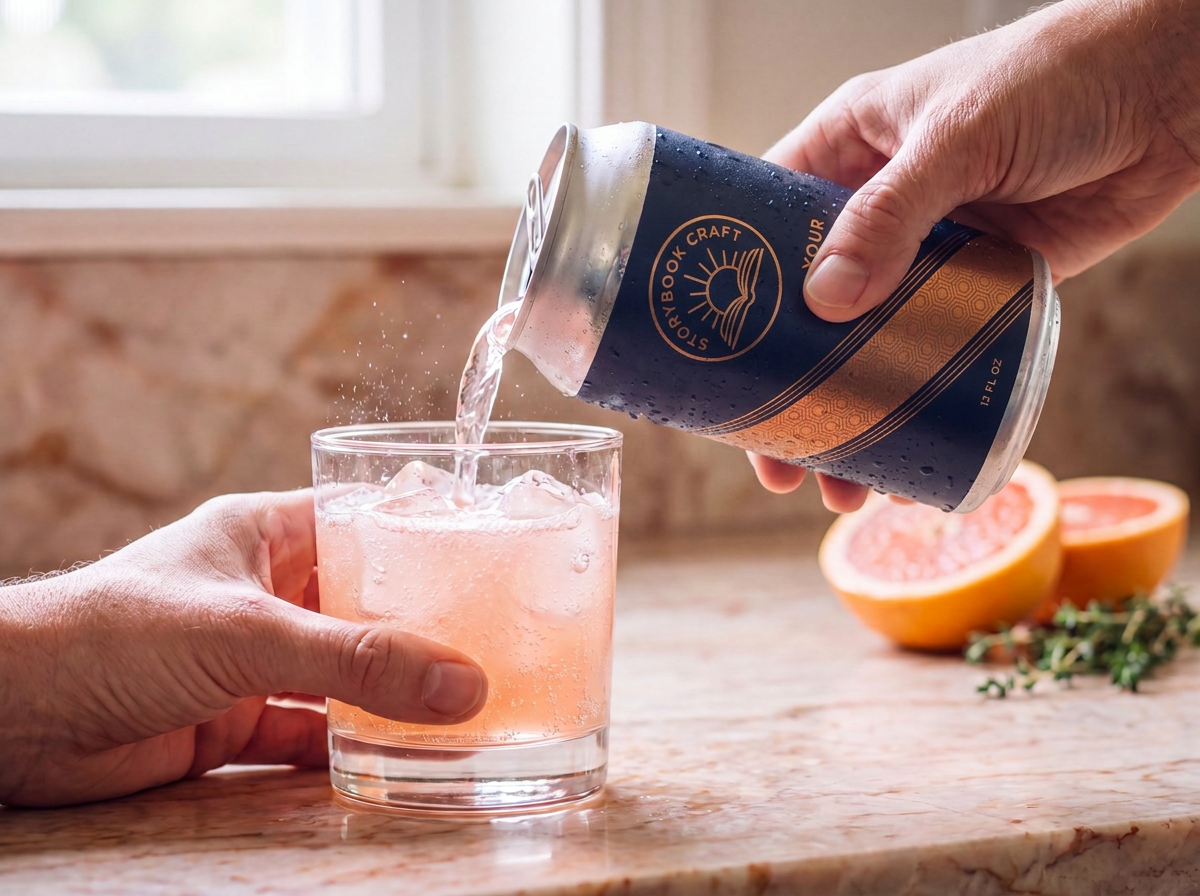 A chilled Storybook Craft can being poured over ice into a glass on a marble counter with fresh grapefruit.